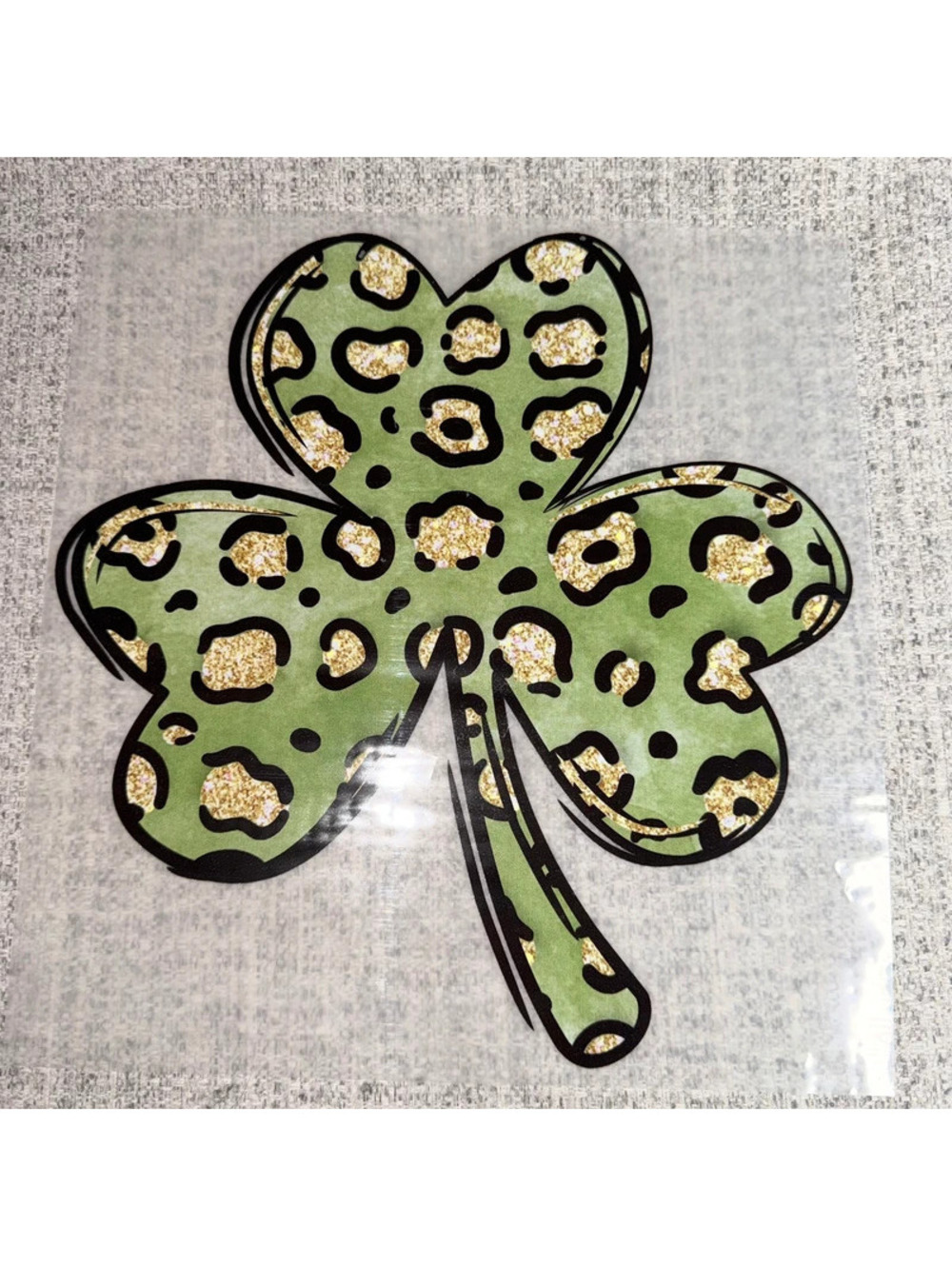 New Leopard Shamrock T-Shirt DTF Transfer Green Gold Glitter Look St Patrick’s